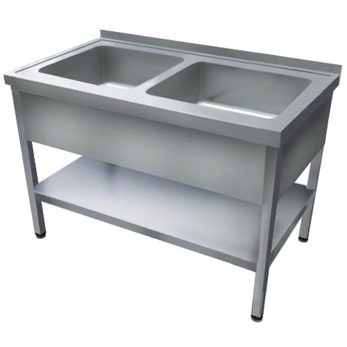 1000mm 2 medencés nagykonyhai mosogató 400x500x250mm medencékkel, lábra állítva, takaróköpennyel, polccal, r.m. acél