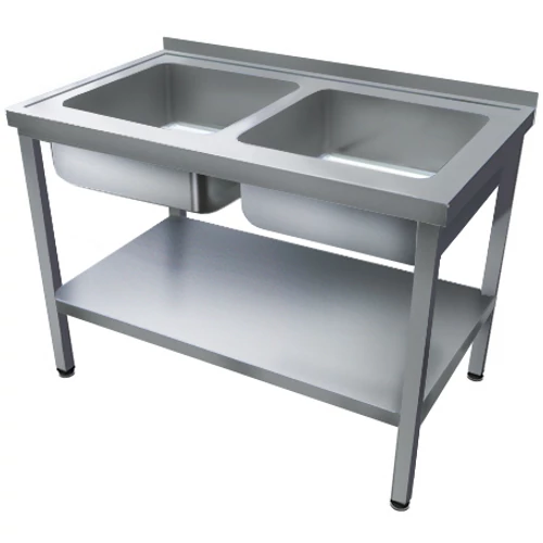 1200mm 2 medencés nagykonyhai mosogató 500x500x300mm medencékkel, lábra állítva, polccal, r.m. acél