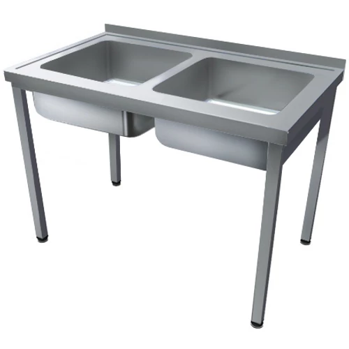 1200mm 2 medencés nagykonyhai mosogató 500x500x300mm medencékkel, lábra állítva, r.m. acél