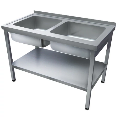 1200mm 2 medencés nagykonyhai mosogató 500x600x300mm medencékkel, lábra állítva, polccal, r.m. acél