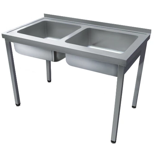 1200mm 2 medencés nagykonyhai mosogató 500x600x300mm medencékkel, lábra állítva, r.m. acél