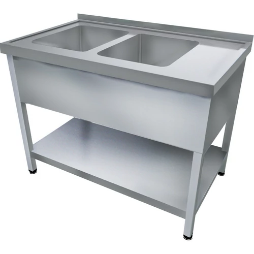 1600mm 2 medencés nagykonyhai mosogató jobb oldali csepegtetővel, 500x400x250mm medencékkel, lábra állítva, takaróköpennyel, polccal, r.m. acél