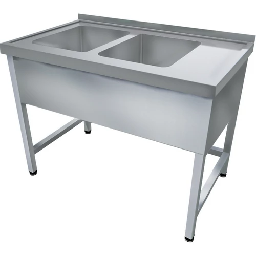 1600mm 2 medencés nagykonyhai mosogató jobb oldali csepegtetővel, 500x400x250mm medencékkel, lábra állítva, takaróköpennyel, r.m. acél