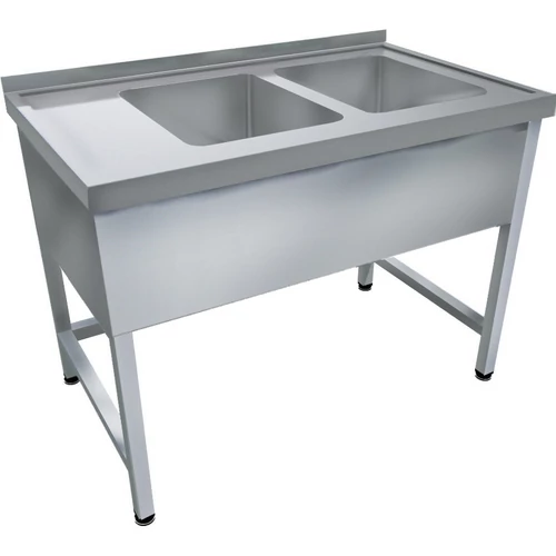 1600mm 2 medencés nagykonyhai mosogató bal oldali csepegtetővel, 500x400x250mm medencékkel, lábra állítva, takaróköpennyel, r.m. acél