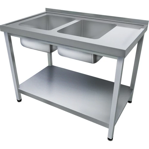 1600mm 2 medencés nagykonyhai mosogató bal oldali csepegtetővel, 500x400x250mm medencékkel, lábra állítva, polccal, r.m. acél