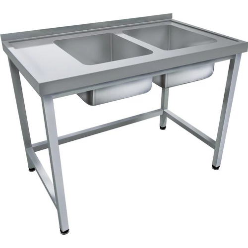 1600mm 2 medencés nagykonyhai mosogató bal oldali csepegtetővel, 500x400x250mm medencékkel, lábra állítva, r.m. acél