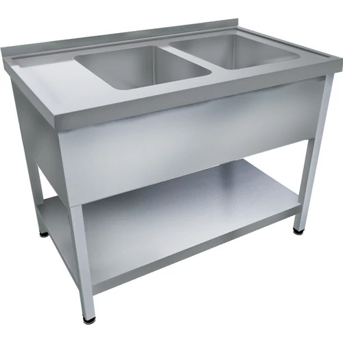 1600mm 2 medencés nagykonyhai mosogató bal oldali csepegtetővel, 500x500x300mm medencékkel, lábra állítva, takaróköpennyel, polccal, r.m. acél