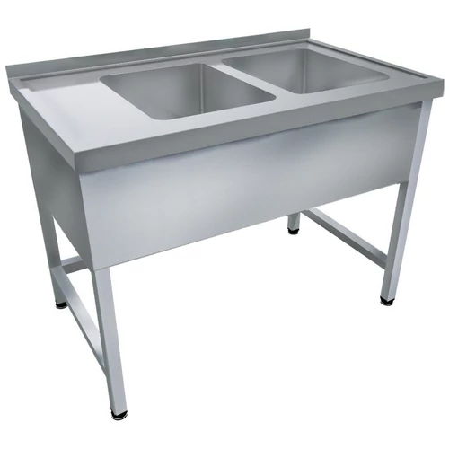1600mm 2 medencés nagykonyhai mosogató bal oldali csepegtetővel, 500x500x300mm medencékkel, lábra állítva, takaróköpennyel, r.m. acél