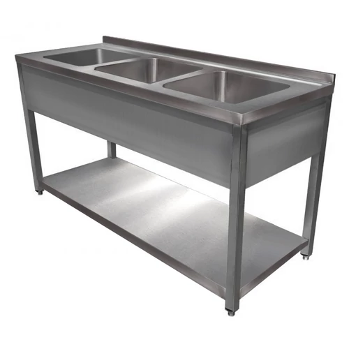 1400mm 3 medencés nagykonyhai mosogató 400x400x250mm medencékkel, lábra állítva, takaróköpennyel, polccal, r.m. acél