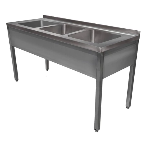 1400mm 3 medencés nagykonyhai mosogató 400x400x250mm medencékkel, lábra állítva, takaróköpennyel, r.m. acél