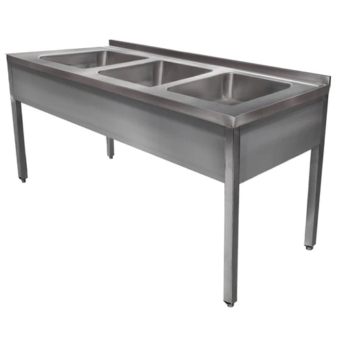 1400mm 3 medencés nagykonyhai mosogató 400x500x250mm medencékkel, lábra állítva, takaróköpennyel, r.m. acél