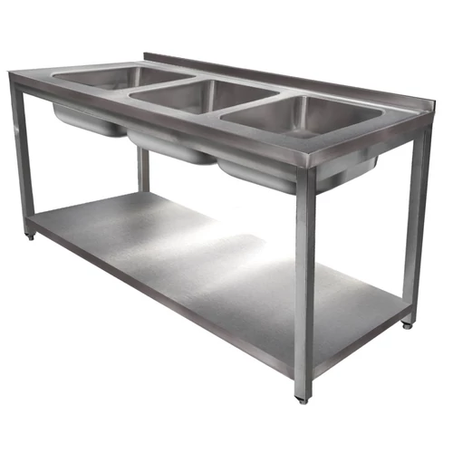 1400mm 3 medencés nagykonyhai mosogató 400x500x250mm medencékkel, lábra állítva, polccal, r.m. acél