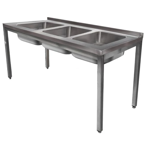 1400mm 3 medencés nagykonyhai mosogató 400x500x250mm medencékkel, lábra állítva, r.m. acél