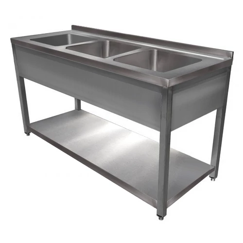 1800mm 3 medencés nagykonyhai mosogató 500x500x300mm medencékkel, lábra állítva, takaróköpennyel, polccal, r.m. acél
