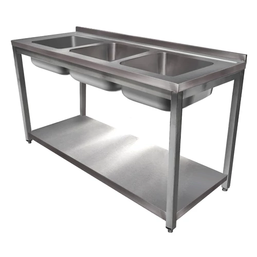 1800mm 3 medencés nagykonyhai mosogató 500x500x300mm medencékkel, lábra állítva, polccal, r.m. acél