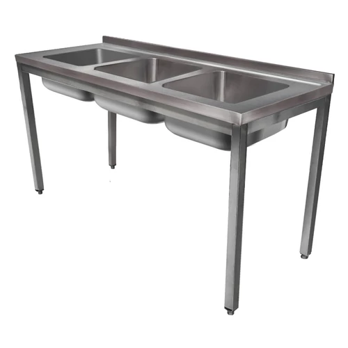 1800mm 3 medencés nagykonyhai mosogató 500x500x300mm medencékkel, lábra állítva, r.m. acél