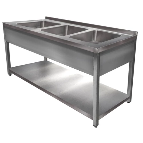1800mm 3 medencés nagykonyhai mosogató 500x600x300mm medencékkel, lábra állítva, takaróköpennyel, polccal, r.m. acél