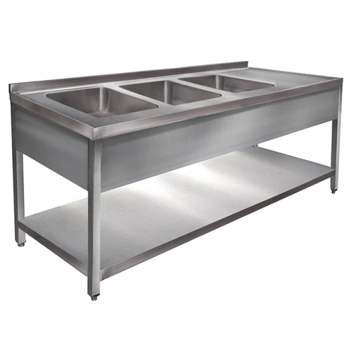 1900mm 3 medencés nagykonyhai mosogató jobb oldali csepegtetővel, 500x400x250mm medencékkel, lábra állítva, takaróköpennyel, polccal, r.m. acél