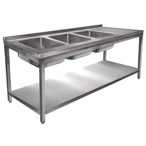 1900mm 3 medencés nagykonyhai mosogató jobb oldali csepegtetővel, 500x400x250mm medencékkel, lábra állítva, polccal, r.m. acél