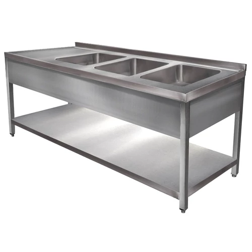 1900mm 3 medencés nagykonyhai mosogató bal oldali csepegtetővel, 500x400x250mm medencékkel, lábra állítva, takaróköpennyel, polccal, r.m. acél