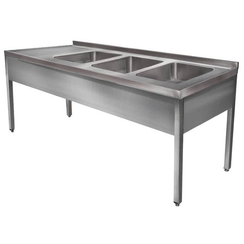 1900mm 3 medencés nagykonyhai mosogató bal oldali csepegtetővel, 500x400x250mm medencékkel, lábra állítva, takaróköpennyel, r.m. acél