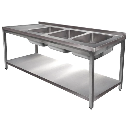 1900mm 3 medencés nagykonyhai mosogató bal oldali csepegtetővel, 500x400x250mm medencékkel, lábra állítva, polccal, r.m. acél