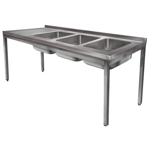 1900mm 3 medencés nagykonyhai mosogató bal oldali csepegtetővel, 500x400x250mm medencékkel, lábra állítva, r.m. acél