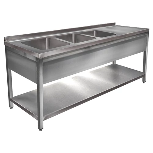 2400mm 3 medencés nagykonyhai mosogató jobb oldali csepegtetővel, 500x500x300mm medencékkel, lábra állítva, takaróköpennyel, polccal, r.m. acél