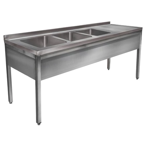 2400mm 3 medencés nagykonyhai mosogató jobb oldali csepegtetővel, 500x500x300mm medencékkel, lábra állítva, takaróköpennyel, r.m. acél