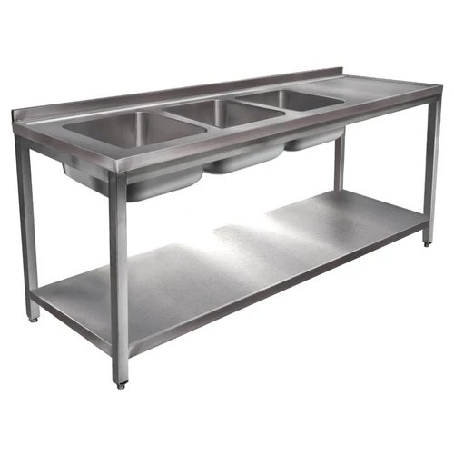 2400mm 3 medencés nagykonyhai mosogató jobb oldali csepegtetővel, 500x500x300mm medencékkel, lábra állítva, polccal, r.m. acél