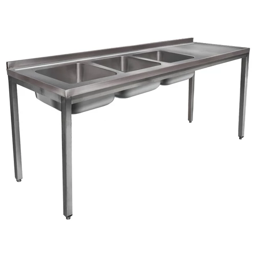 2400mm 3 medencés nagykonyhai mosogató jobb oldali csepegtetővel, 500x500x300mm medencékkel, lábra állítva, r.m. acél