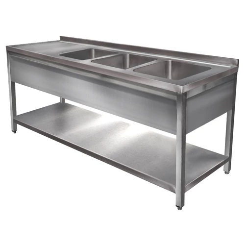 2400mm 3 medencés nagykonyhai mosogató bal oldali csepegtetővel, 500x500x300mm medencékkel, lábra állítva, takaróköpennyel, polccal, r.m. acél