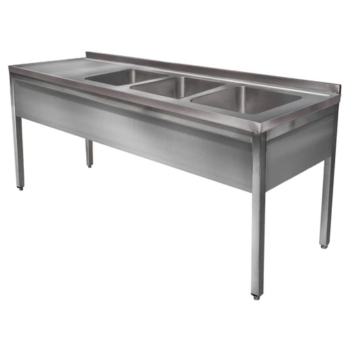 2400mm 3 medencés nagykonyhai mosogató bal oldali csepegtetővel, 500x500x300mm medencékkel, lábra állítva, takaróköpennyel, r.m. acél