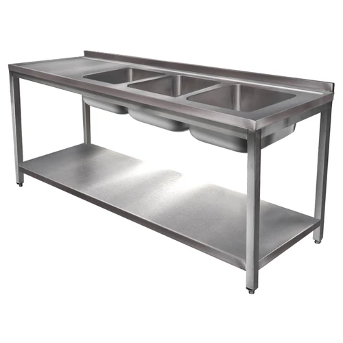 2400mm 3 medencés nagykonyhai mosogató bal oldali csepegtetővel, 500x500x300mm medencékkel, lábra állítva, polccal, r.m. acél