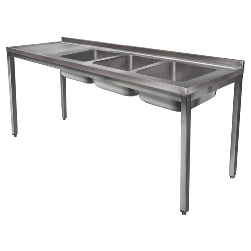 2400mm 3 medencés nagykonyhai mosogató bal oldali csepegtetővel, 500x500x300mm medencékkel, lábra állítva, r.m. acél