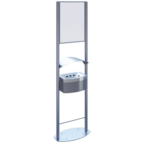 Álló infotáblás kültéri hamuzó 8L öblös perforált hamutartóval, esővédő fedéllel, DB henger forma, r.m. acél, selyem