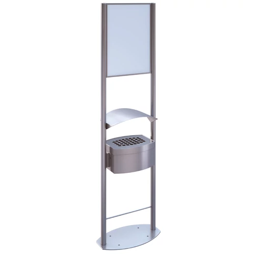 Álló infotáblás kültéri hamuzó 8L sík perforált hamutartóval, esővédő fedéllel, henger forma, r.m. acél, selyem