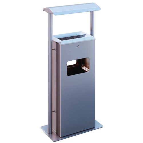 Álló vandálbiztos kültéri hamuzó 8L öblös perforált hamutartóval, 40L szemteszsák tartóval, fedeles, DB-2020 szögletes, r.m. acél, selyem