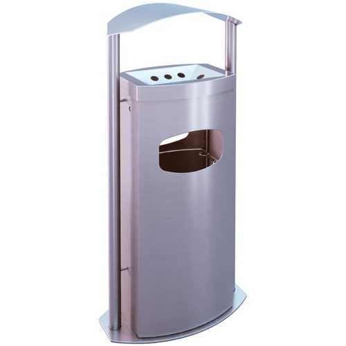 Álló vandálbiztos kültéri hamuzó 8L öblös perforált hamutartóval, 40L hulladékgyűjtő zsáktartóval, fedeles, DB hengeres, r.m. acél, selyem