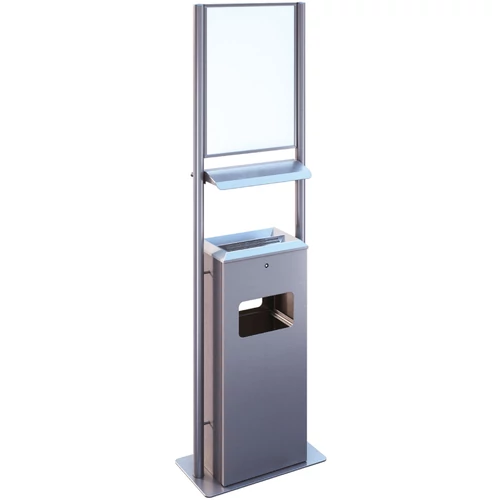 Álló infotáblás kültéri hamuzó 8L öblös perforált hamutartóval, 40L szemeteszsák tartóval, fedeles, DB-2020 szögletes, r.m. acél, selyem