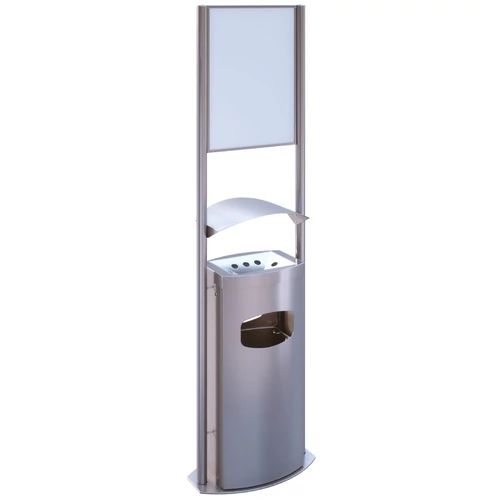 Álló infotáblás kültéri hamuzó 8L öblös perforált hamutartóval, 40L hulladékgyűjtő zsáktartóval, fedeles, DB hengeres, r.m. acél, selyem