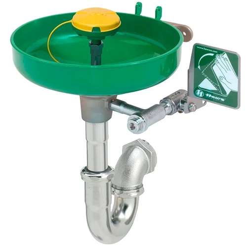 Fali sürgősségi szemmosó és arcmosó AXION öblítőfejjel, zöld ABS tál, porvédő kupak, sárgaréz szifon