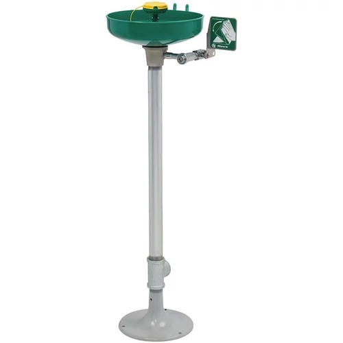 Szabadon álló sürgősségi szemmosó és arcmosó egység AXION öblítőfejjel, tolókaros működtetéssel, ABS tál, galvanizált acél test, öntöttvas talapzat, zöld-szürke