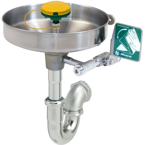 Fali sürgősségi szemmosó és arcmosó egység AXION öblítőfejjel, szifonnal, nyomólapos, r.m. acél tál, porvédő kupak