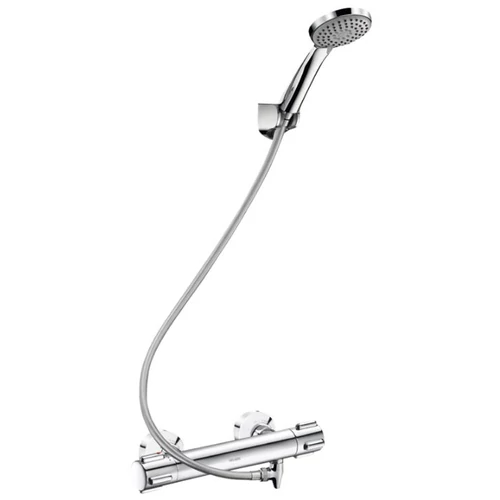 DELABIE SECURITHERM falon kívüli termosztatikus zuhanycsaptelep KIT forrázásgátlós keverővel, automatikus ürítővel, takarótárcsába integrált STOP/CHECK elzárószelepekkel, kézizuhannyal és fix fali zuhanytartóval