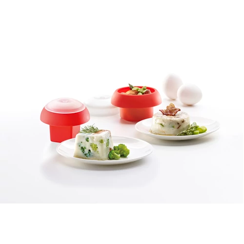 Lékué Microwave Ovo Egg Cooker set of 2 szilikon tojásfőző forma szett mikrohullámú sütőbe, 2db-os, 1db tojáshoz - 0,1L kapacitás, négyzetes forma, áttetsző fedő, piros test - 882869