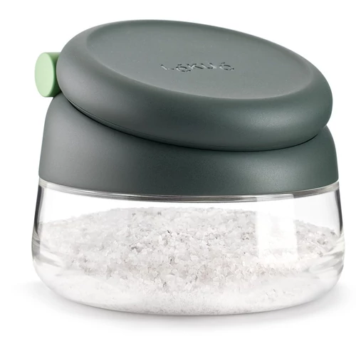 Lékué Salt Cellar sótartó extra nagy nyílással, mérőkanállal, légmentesen záródó, felhajtható műanyag fedéllel, boroszilikát üveg tartály, szürke fedél - 883323