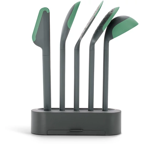 Lékué Non-Scratch Cooking Utensils konyhai eszköz szett, 5db-os, tartóállvánnyal, pihentető tálcával, szilikon élvédőkkel, hőálló, karcmentes, szürke/zöld - 883484