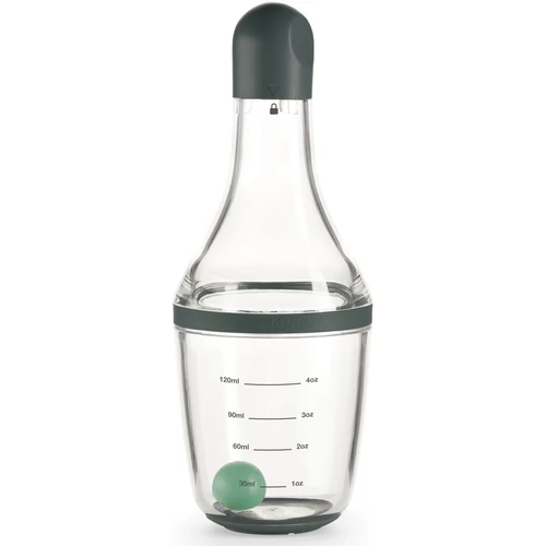 Lékué Dressing Shaker salátaöntet készítő mixer golyóval, szilikon szeleppel, mérőskálával, forgatható és csöpögésgátló rendszer, 200ml, műanyag, áttetsző/zöld - 883828