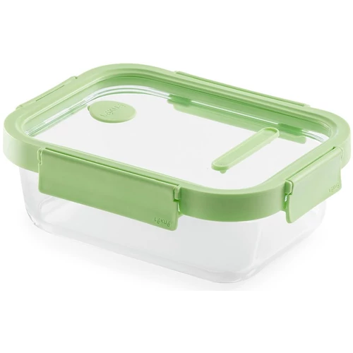 Lékué Glass Container Rectangular hőálló üveg ételtároló doboz szivárgásmentes és gőzszelepes üvegfedővel, téglalap, 640ml, dátumjelölő, halmozható, áttetsző/zöld - 883880